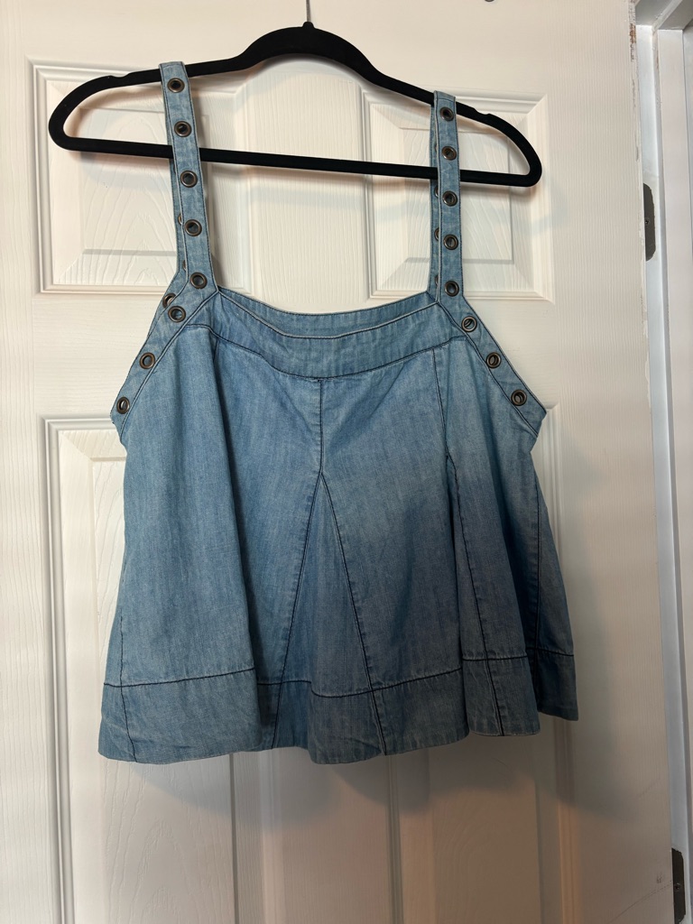 Free People Denim Blue Crop Top With Pink Accent